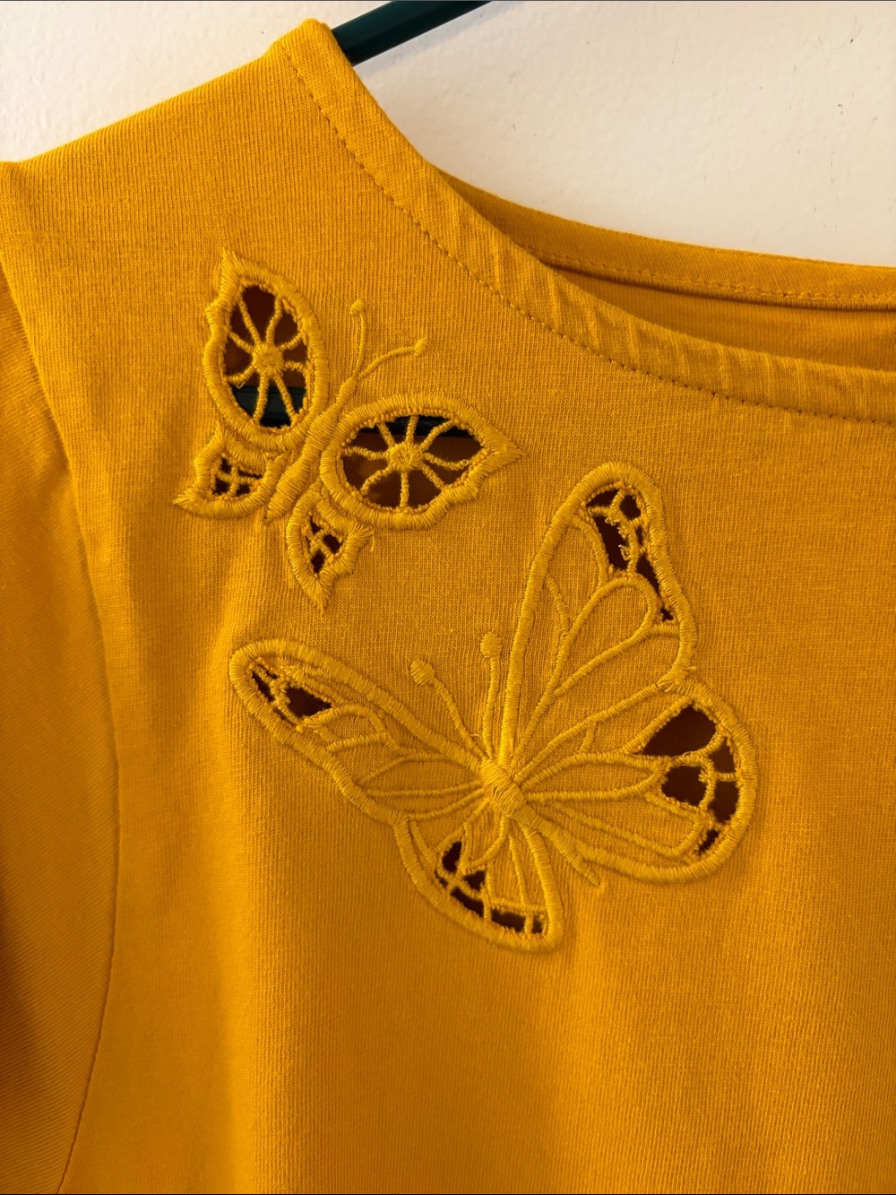 Women's Mustard Yellow Butterfly Cutout Short Sleeve Top - Picture 2 of 15